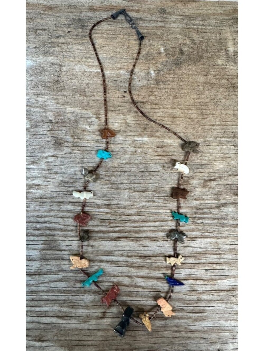 Southwestern Fetish Necklace Carved Stone Animal Bird Turquoise Heishi 28”